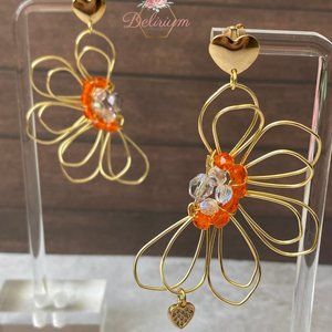 Long statement earrings- Gold tone floral leaf earrings- flower dangle earrings